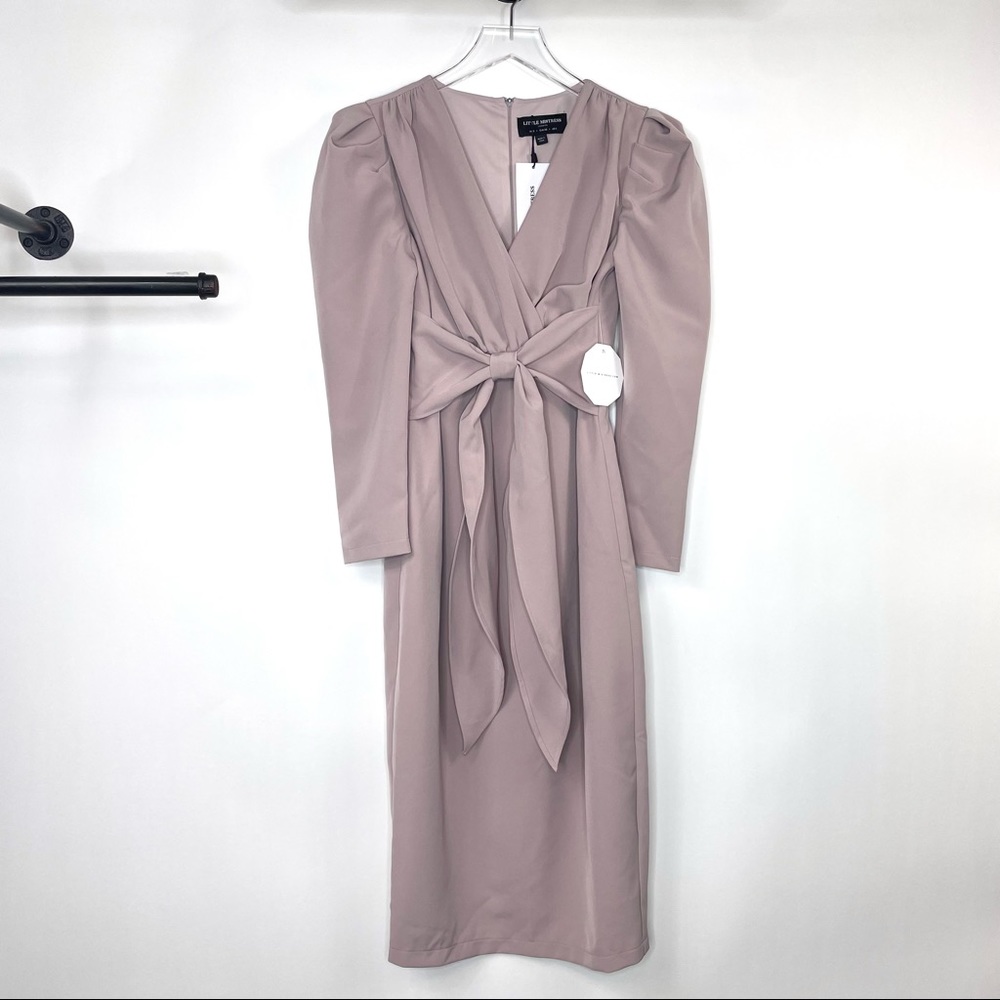 Little Mistress puff shoulder tie front detail midi dress